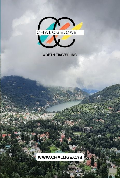 View of Nainital with the serene Naini Lake surrounded by lush green forests and hotels nestled along the hills, promoting taxi services from Delhi to Nainital.